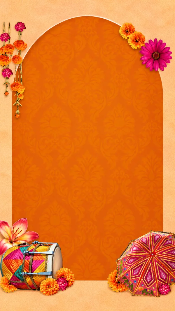 Saffron orange floral arch framed by marigold garlands, with a colorful dhol drum and embroidered magenta parasol