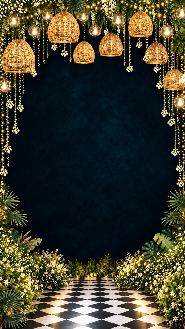 Reception decor with glowing wicker pendant lamps, hanging jasmine, tropical greenery and a checkerboard floor against a midnight teal backdrop