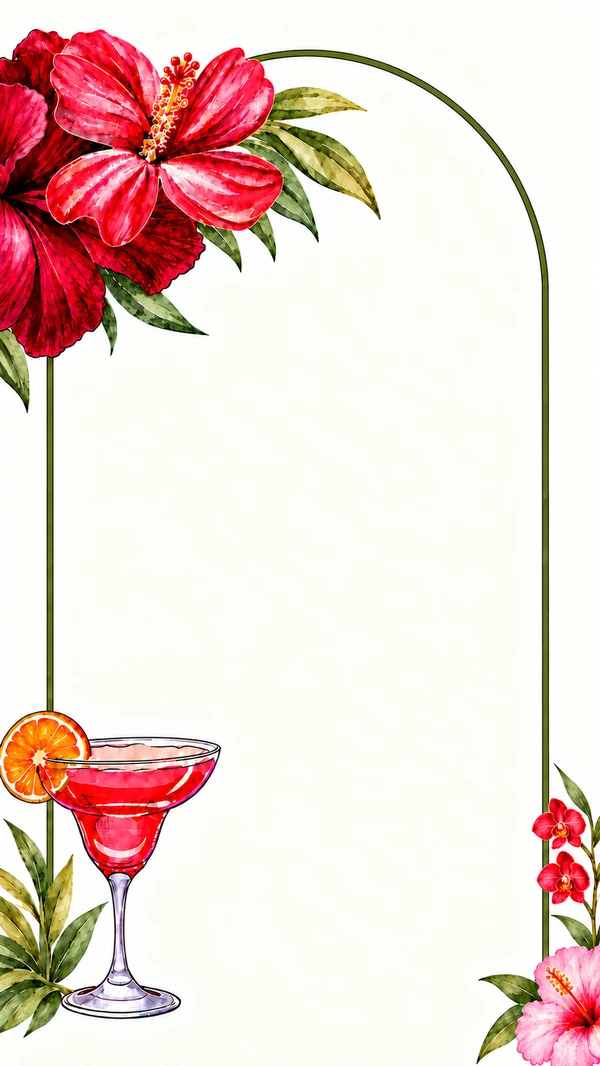 Crimson hibiscus and pink orchids around an olive arch on ivory stationery, with a red cocktail and orange slice